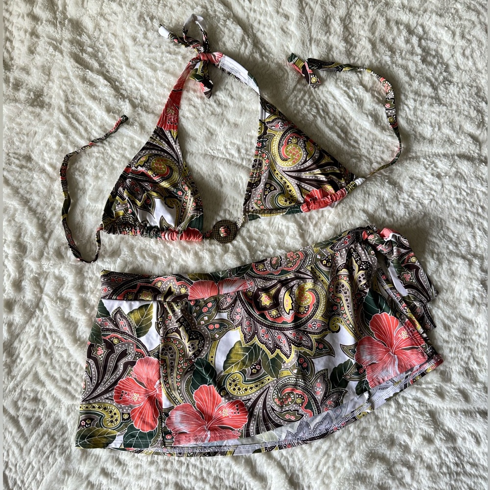 Kenneth Cole Pink & Green Paisley Floral Halter Bikini with Skirt
